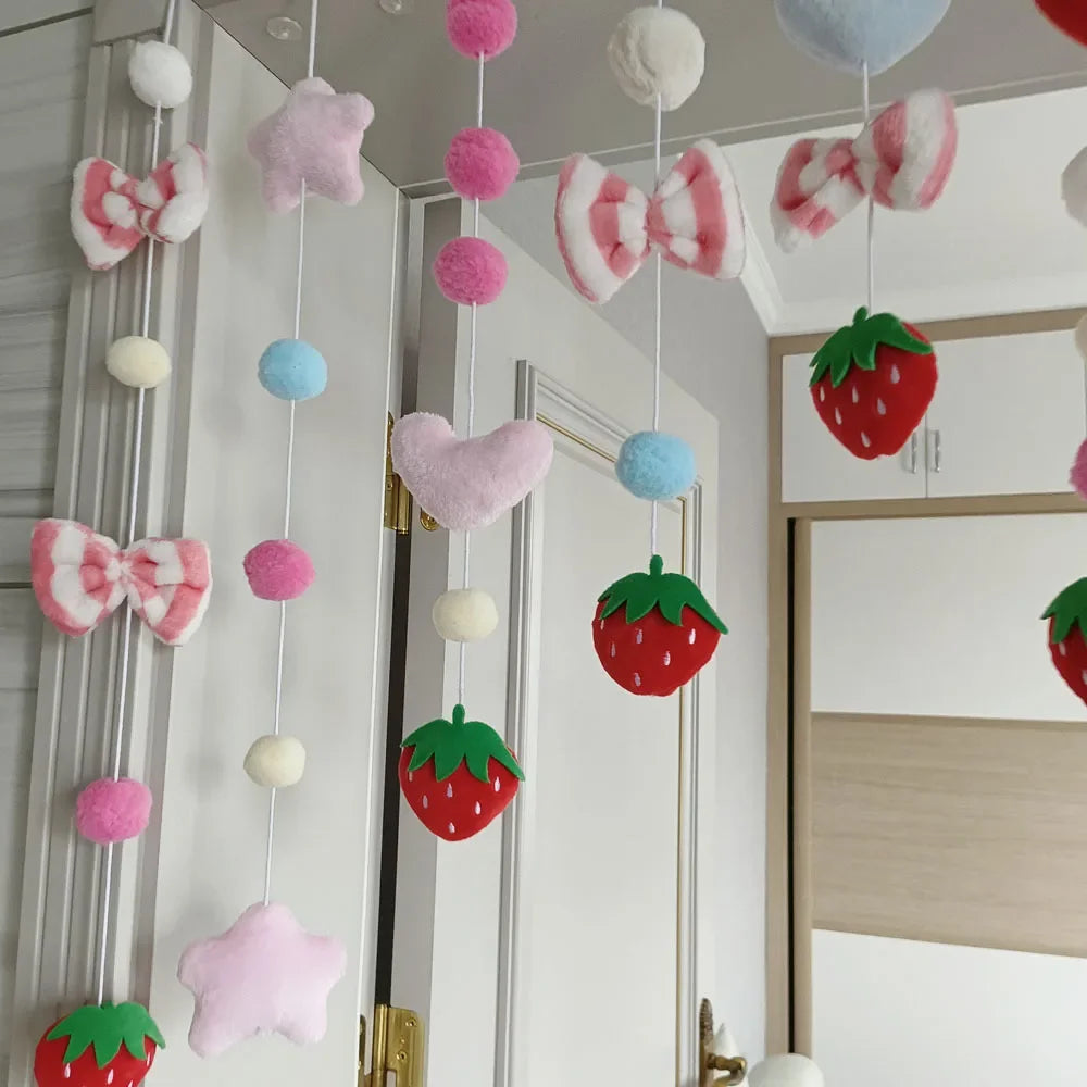 Pink Kawaii Doorway Curtains Plush Strawberry Ball Door Curtain Pendant Melody Bedroom Partition Window Valance Decor Christmas