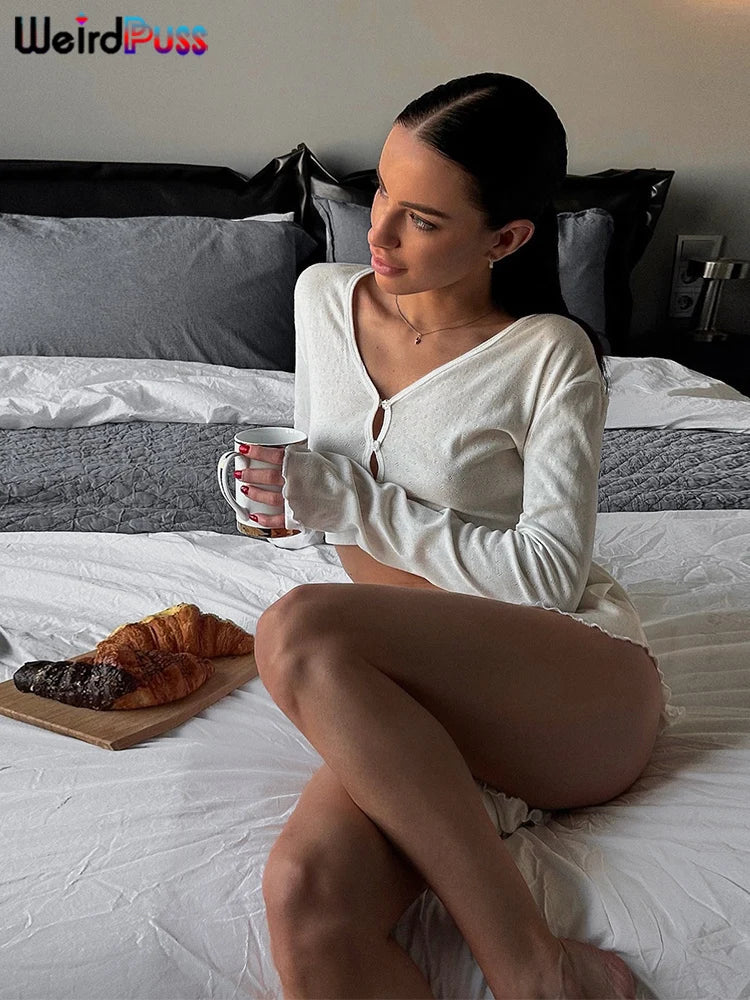 Solid 2 Piece Set Long Sleeve Single Breasted Crop Tops+Ruffles Simple Thin Mini Short Suit