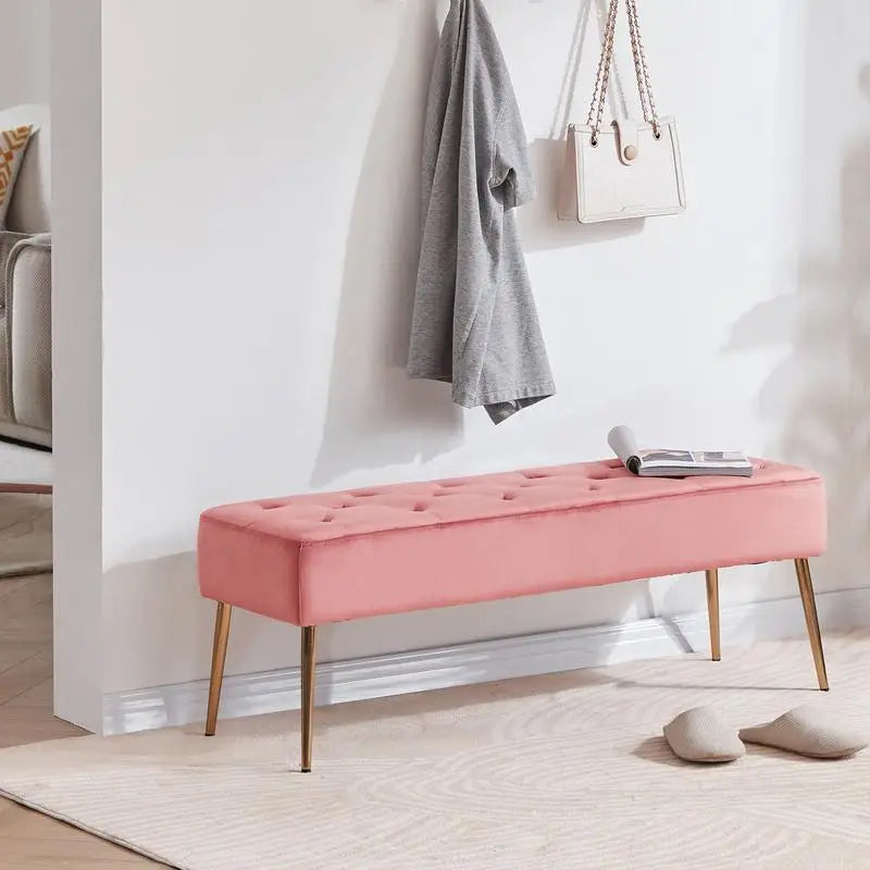 Velvet Tufted Bench with Gold Legs â€?Modern Upholstered Entryway & Bedroom Seating, 46â€?Wide