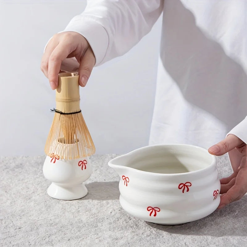 Red Bow Decal 5 Pieces Ceramic Matcha Set, Matcha Set Includes Matcha Bowl, Matcha Mixer and Holder, Bamboo Spoon
