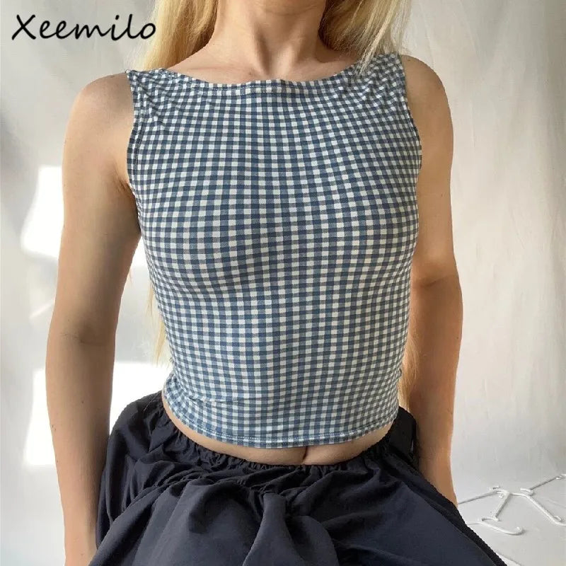 Fashion Bow Backless Tank Top Casual Streetwear Plaid Print Sleeveless Crop Tops Summer Slim Fashion Corsets