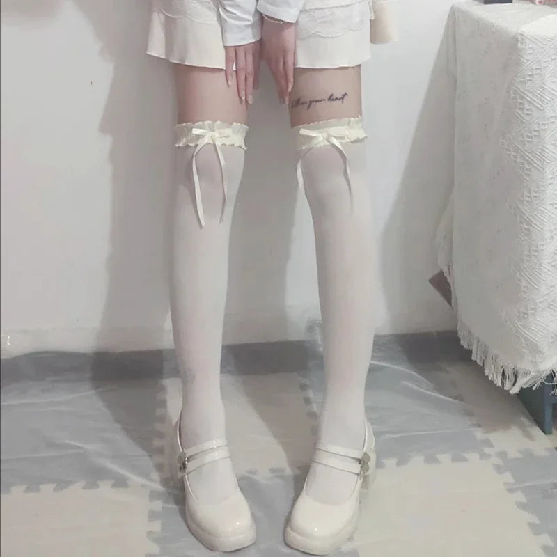 Women Lace Black White Ruffle Long Socks Women Girls Sweet Stockings Lolita Nylon Lace Leggings Over The Knee Bowknot Hosiery
