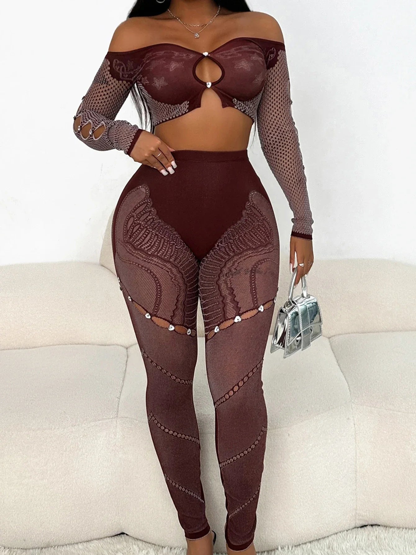 Sexy See Through Rhinestone Jumpsuit Women Pants Summer Bodycon Romper Jumpsuit Woman Long Sleeve