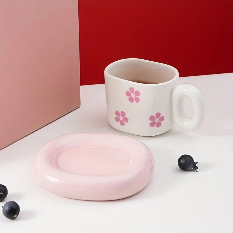 Cute Sakura Decal Plump Handle Cup with Plate Square