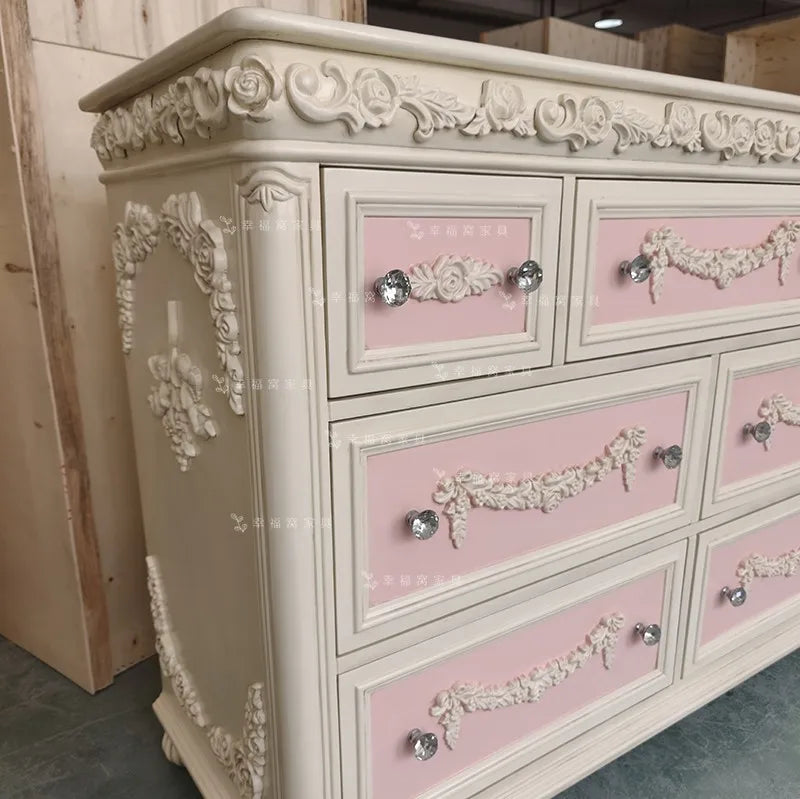 French Solid Wood Carving Flower Retro Seven Chest Cabinet