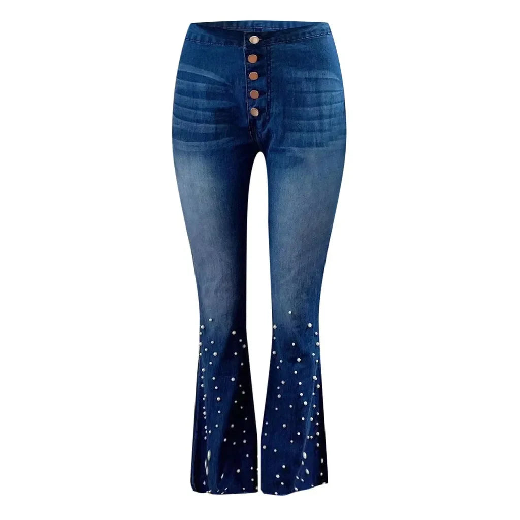 Denim High Waist Jeans Button Tassel Pants Trousers Bell-Bottom Pants Loose Straight Jeans