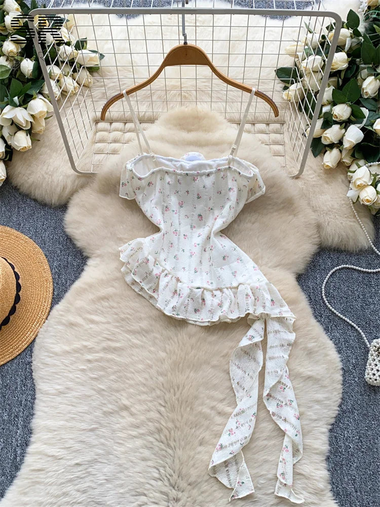 Ladies Floral Summer Camisole Sleeveless Irregular Slim Camis Women 3D Flower Ribbon Design Print Top