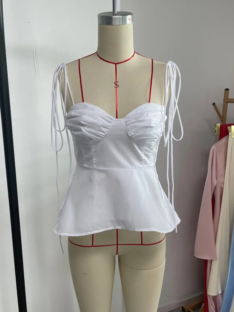 White Smocked Strappy Camisole Women's Sexy Sleeveless Ruffle Slim Bra Solid Color Streetwear Y2k Women's Tops Camisole