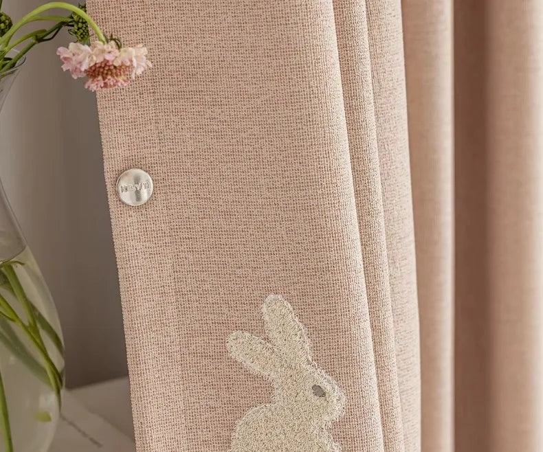 Pink Cartoon 3D Embroidered Rabbit Blackout Curtains for Living Room Bedroom Girls Room Sticky Chenille Drapes Home Decor