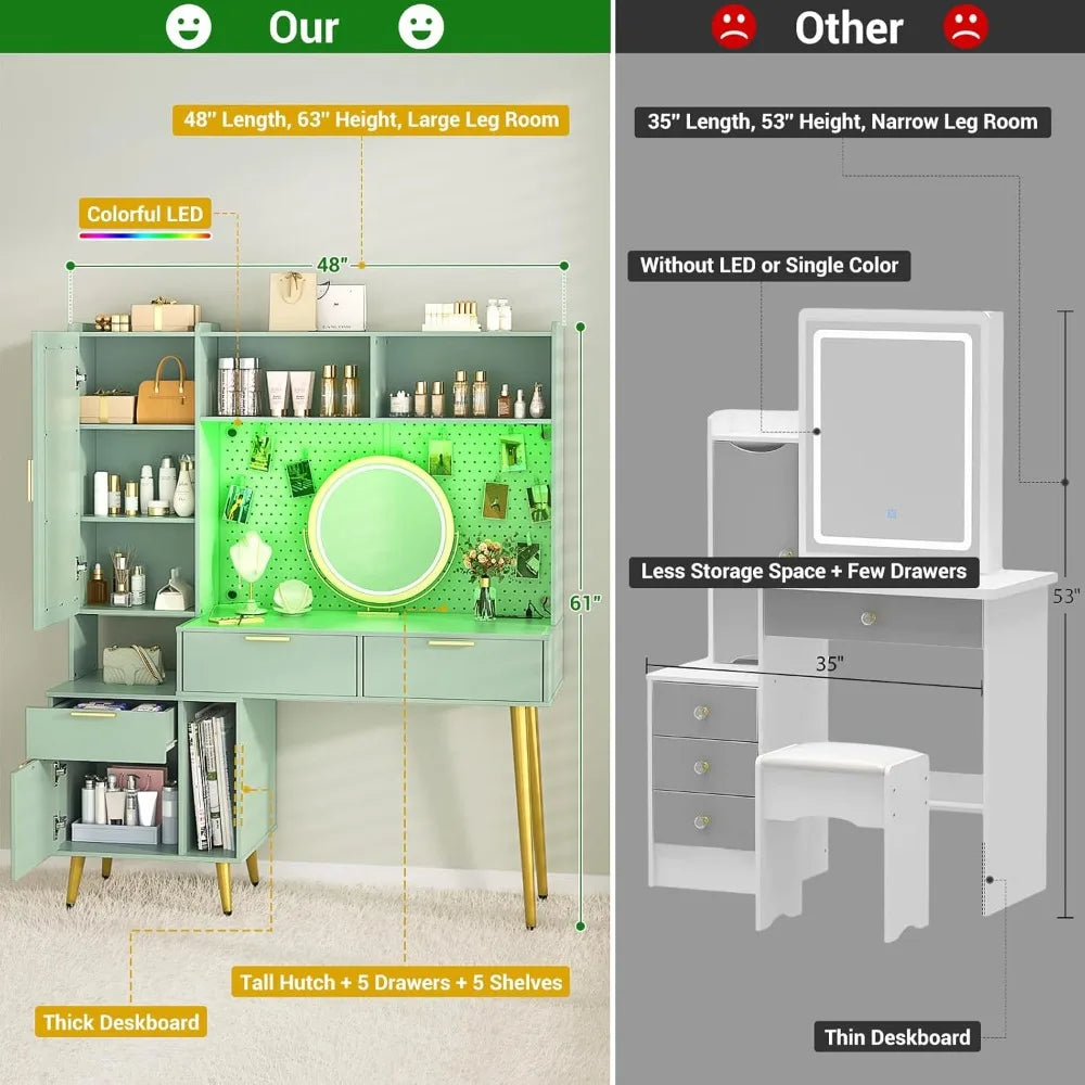 Makeup Vanity with Hutch, Modern Bedroom Vanity with Charging Station and LED, Tall Vanity Table with Pegboard, Mirror, 48''