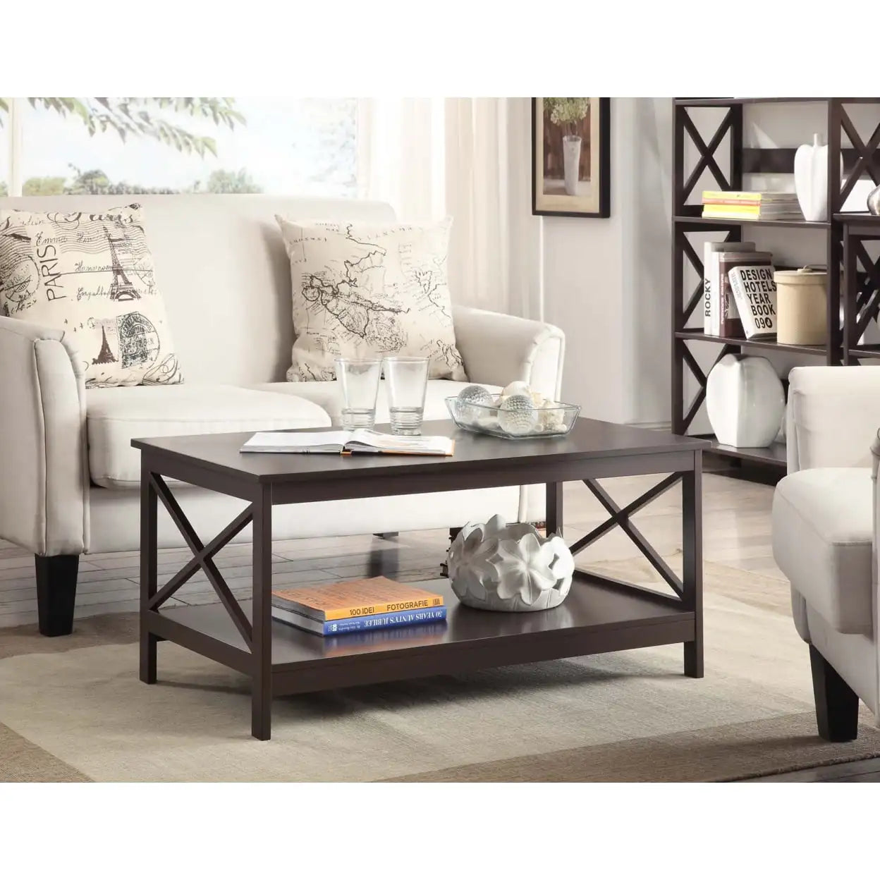 Oxford Coffee Table with Shelf, Transitional & Coastal Style,Two Tiers of Spacious Shelving