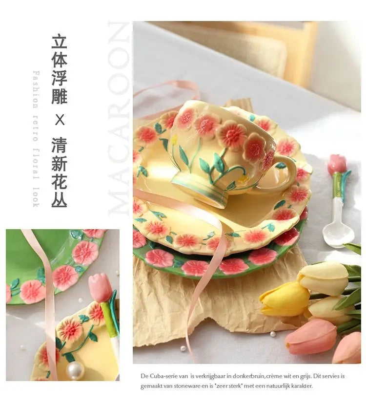 Flower Plate Embossed Small Flower Dessert Plate Ceramic Plate Under Glaze Colored Hand-painted Tableware