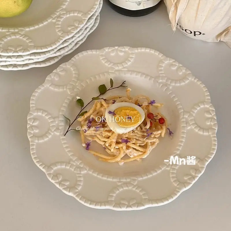 French Vintage Relief Dinner Plate White Color Carving Craft Elegant Serving Dish Decorative Platter Household Kitchenware