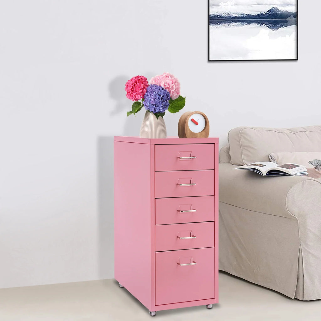 Tall Pink File Cabinet on Wheels 5-Drawer Storage Cabinet Home Furniture for Kitchen, Bedroom, Office, Study | 27 Inch