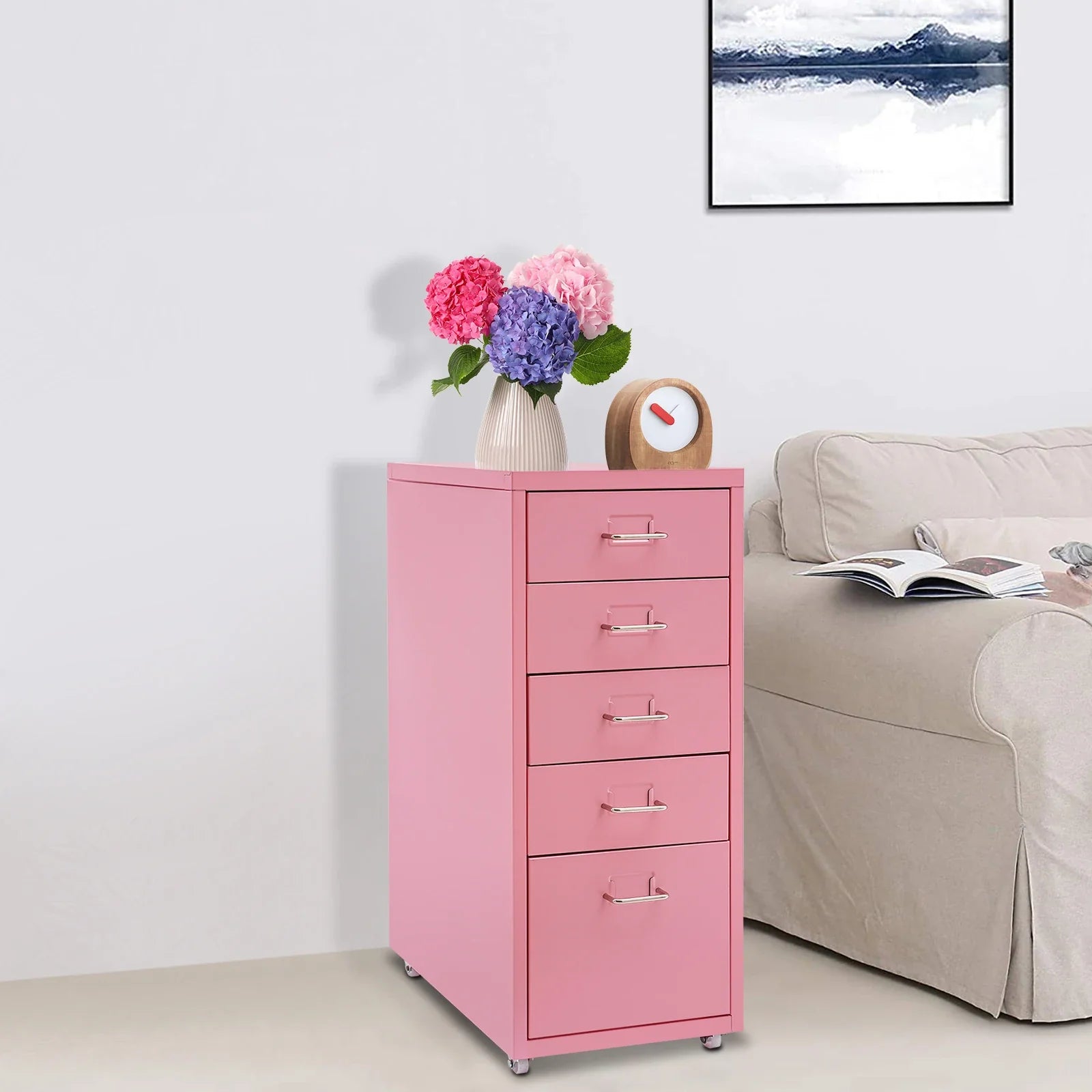 Tall Pink File Cabinet on Wheels 5-Drawer Storage Cabinet Home Furniture for Kitchen, Bedroom, Office, Study | 27 Inch