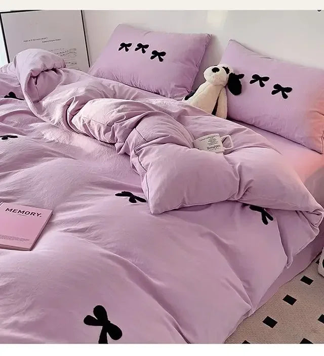 Girls Bedding Set with Bow Korean Breathable Duvet Cover No Filler Flat Sheet Pillowcases Mix Color Comforter Cover Set