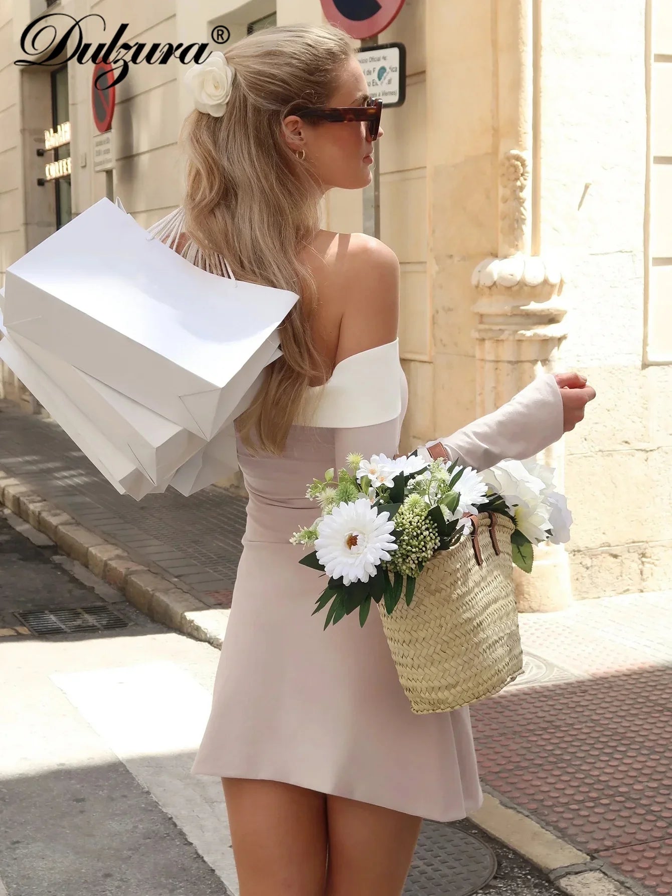 Off Shoulder Long Sleeves Slim Mini Dress Women's Sexy Elegant Outfit