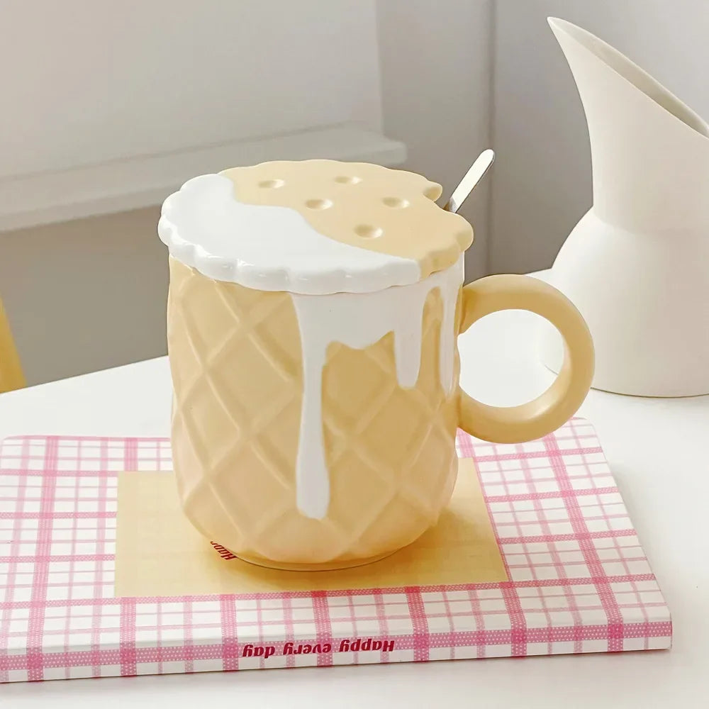 Kawaii Biscuit Pattern With Lid And Spoon Ceramic Cups Cute Cup Drinkware