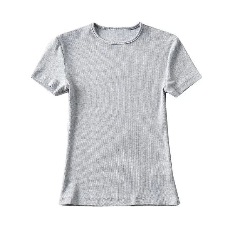 Summer Woman Skinny Fit T-shirt Tight Short-Sleeve O-neck Tee Basic Solid Crop Tops T Shirt