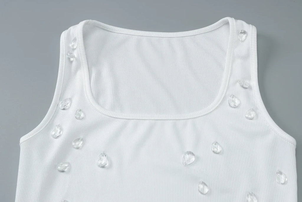 Ribbed Sleeveless Water Droplets Diamond Decorated Tank Sexy Casual Bodycon Top Party Club Streetwear Spring Summer