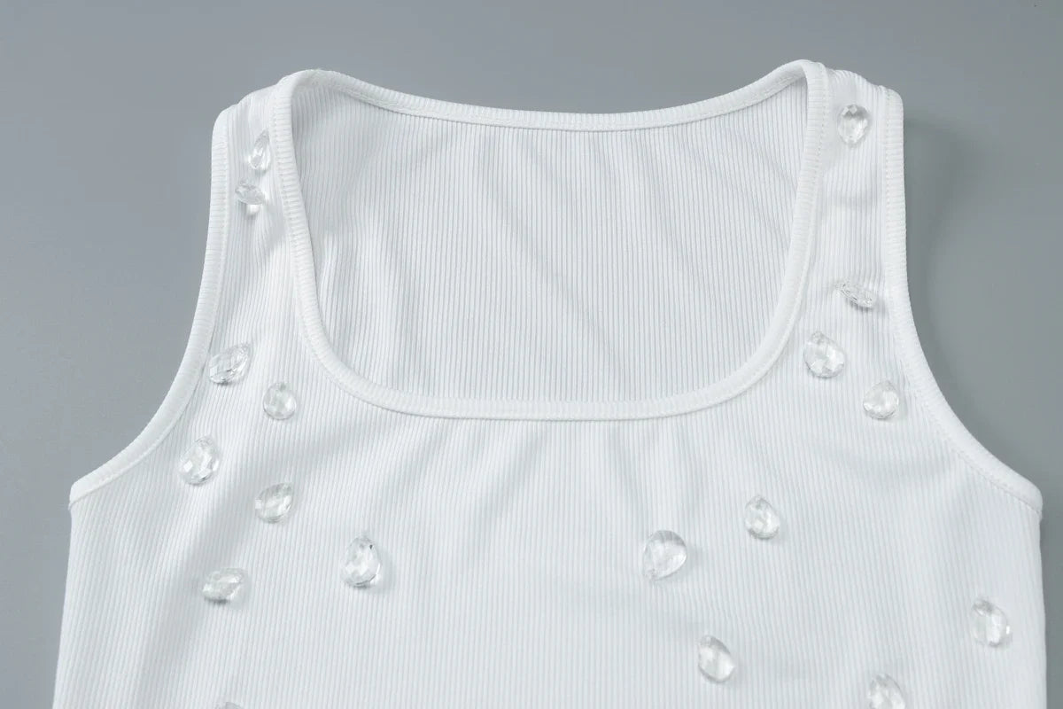 Ribbed Sleeveless Water Droplets Diamond Decorated Tank Sexy Casual Bodycon Top Party Club Streetwear Spring Summer
