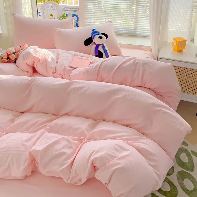 Solid Bed Linen Cotton Bedding Set 4pcs with Sheet Duvet Cover Pillowcases Single Couple Bedsheet