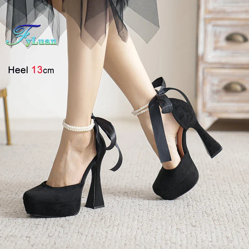 Fashion Super High Heels Sandals Bow Buckle Square Head Heels Ladies Shoes