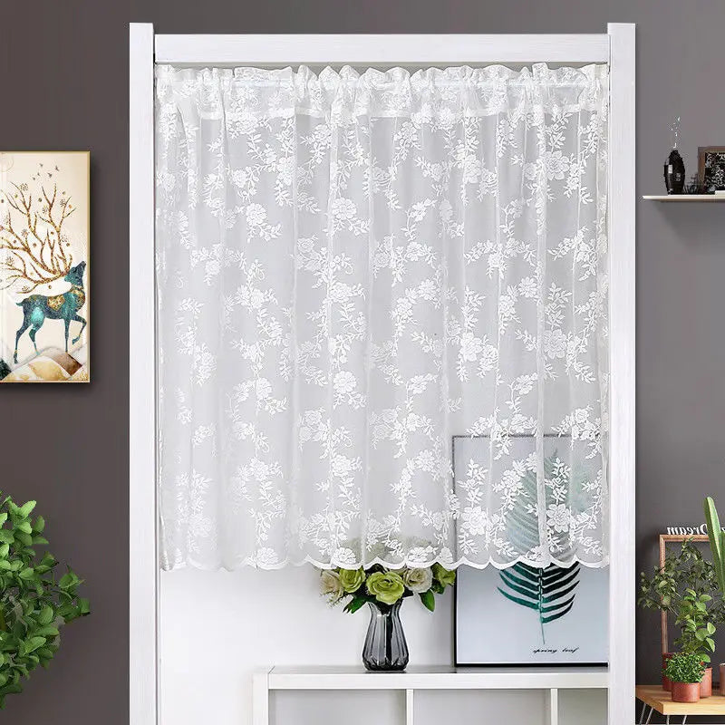 White Flower Lace Short Curtains with Wavy Lace Half Curtain