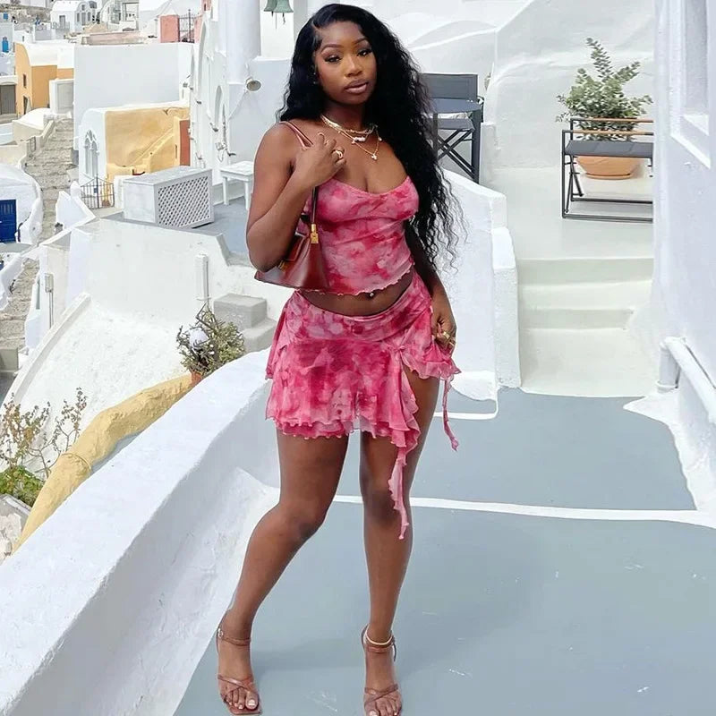 Women's Fashionable Mesh Printing Sexy Side Slit Mini Two Piece