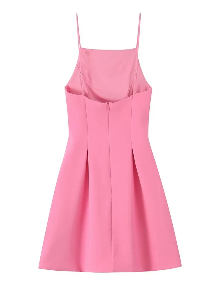 Ladies Pink Spaghetti Strap Dress Summer New Simple Style Women Slim Short Dress Party Fashion A-Line Dress