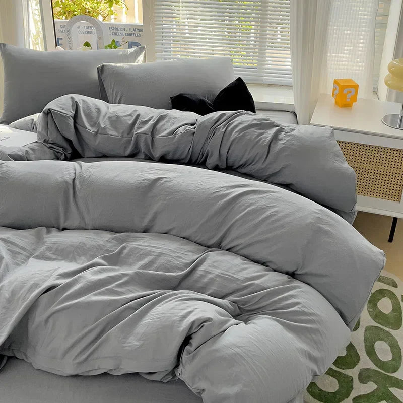 Solid Bed Linen Cotton Bedding Set 4pcs with Sheet Duvet Cover Pillowcases Single Couple Bedsheet