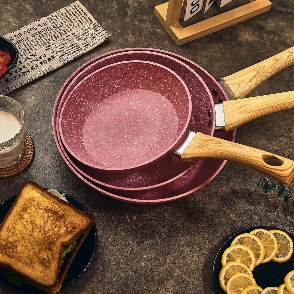 Non-stick Frying Pan Set, 8-inch, 9.5-inch, and 11 inch pink egg pans, anti warping base, compatible with induction