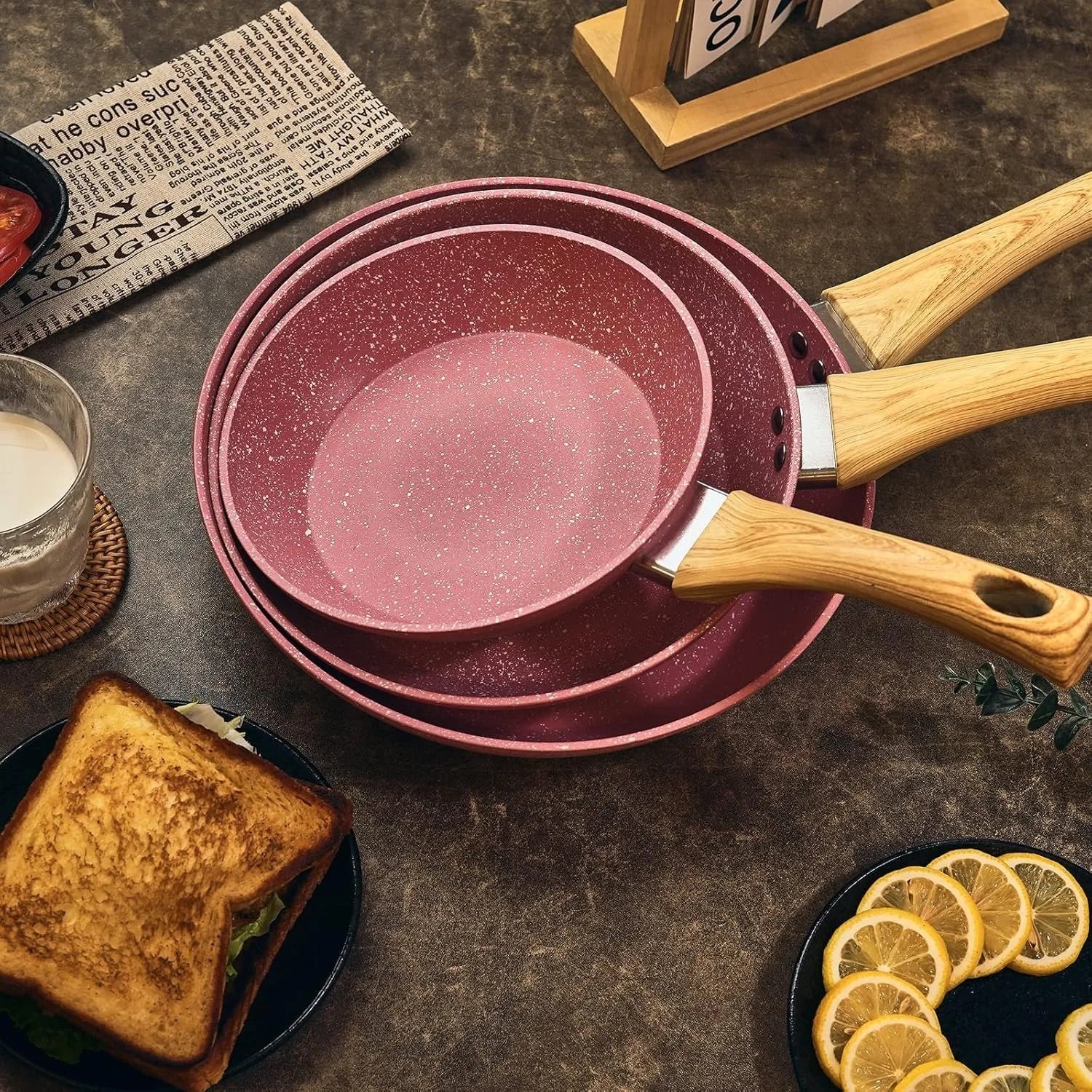 Non-stick Frying Pan Set, 8-inch, 9.5-inch, and 11 inch pink egg pans, anti warping base, compatible with induction