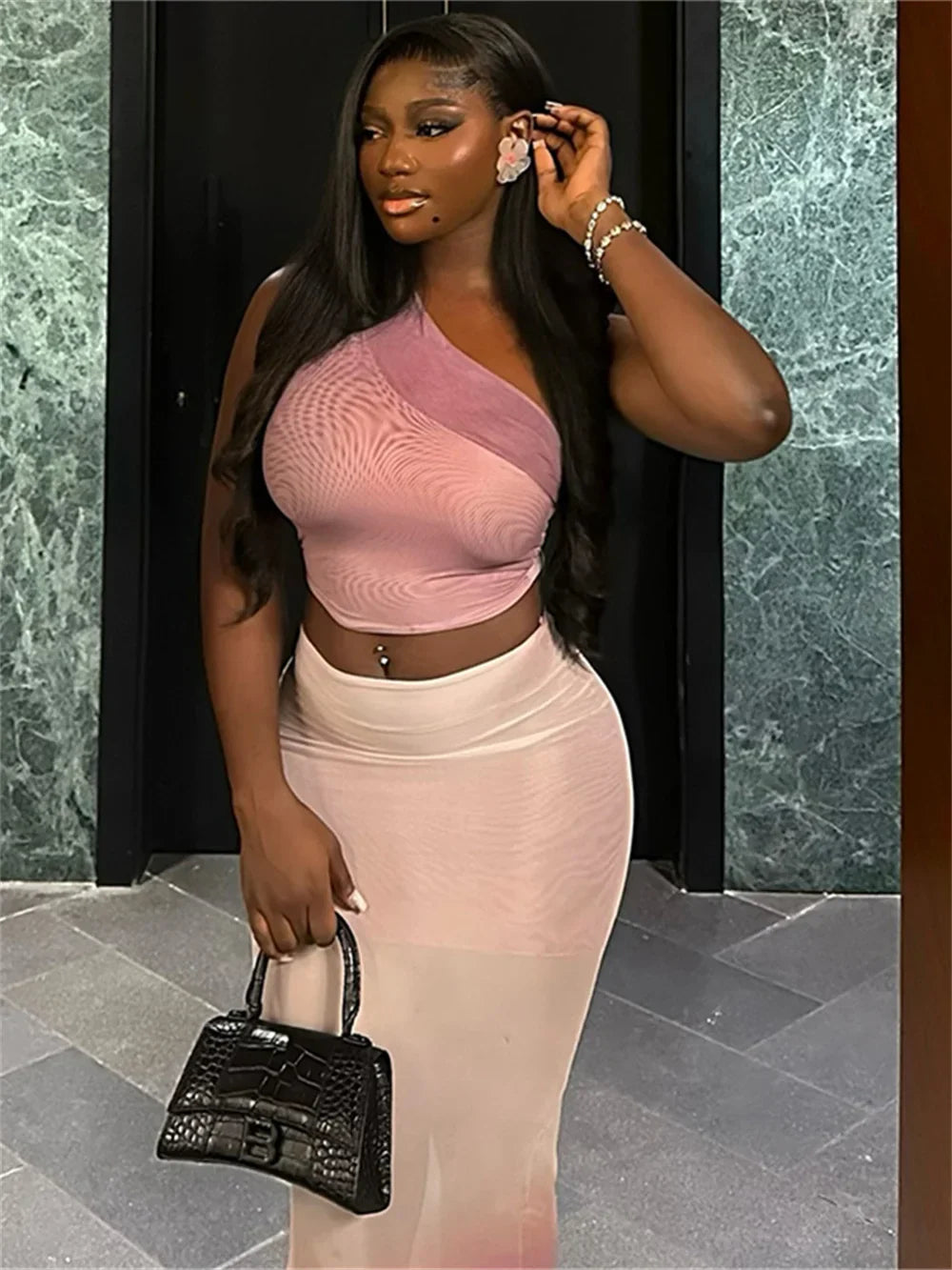 Gradient Women 2 Piece Set Elegant One-Shoulder Tank Tops+Double Deck Maxi Skirts Fashion Outfit