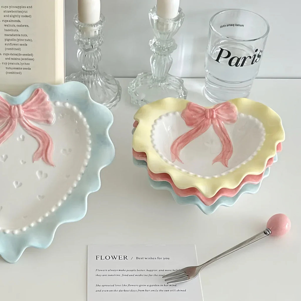 Heart-shaped Bow Wavy Edge Ceramic Dinnerware Set Ideal Cake Presentation,  Princess Pastry Platter, Lace-edged Rice Bowls