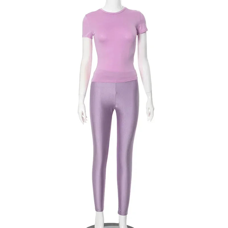 Casual Women 2 Piece Set Tracksuit Shorts Sleeve Crop Tops+Silky Leggings Matching