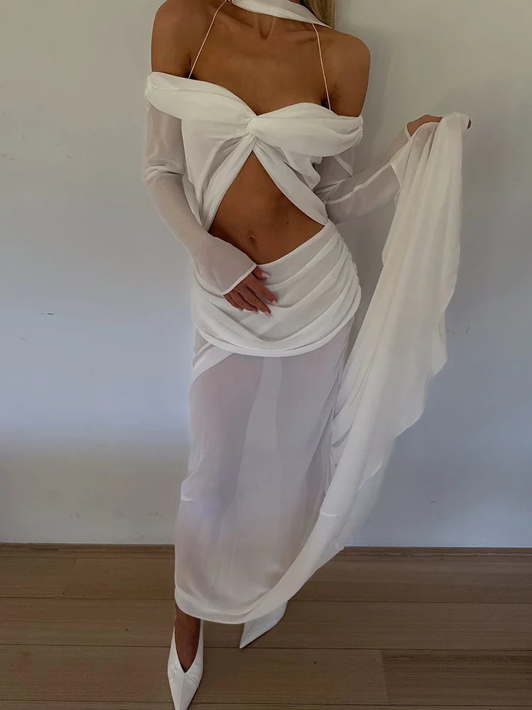 Hollow Out Ruched Sexy Maxi Dress Women Gown Halter Long Sleeve Strapless Backless Draped Slim Elegant Long Dress