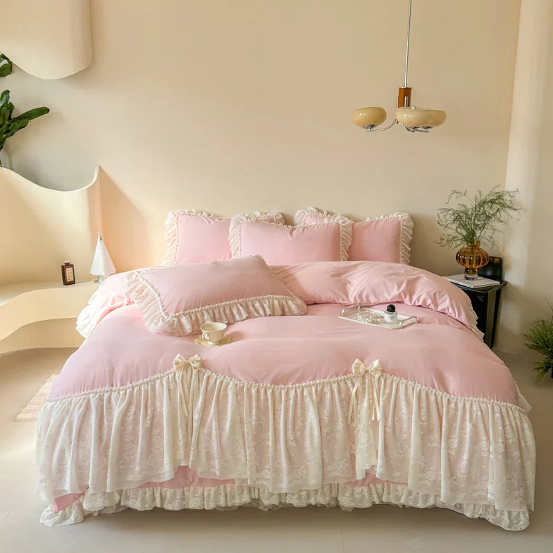 Princess Lace Bow Bedding Set Sweet Girl Chiffon Ruffles Duvet Cover Bed Sheet Pillowcase