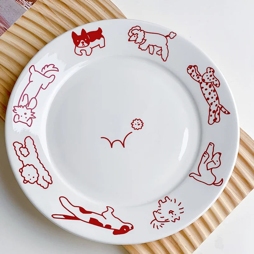 Cute Cat and Dog Ceramic Dessert Plate Cake Western Flat Plate Pasta Fruit Disc Dinner Set Plates and Dishes