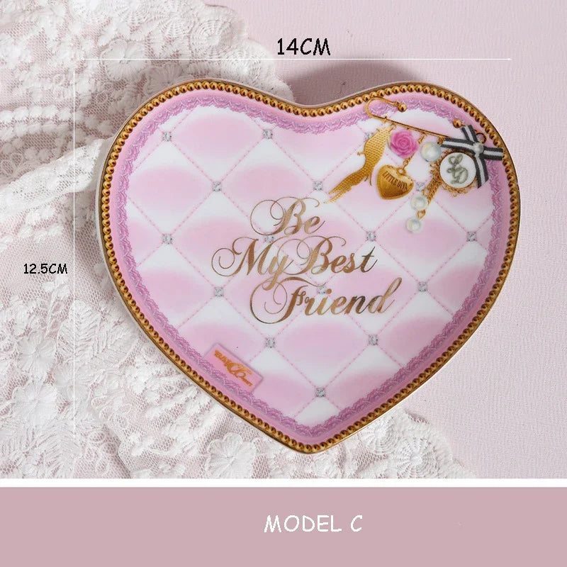 Pink Heart Shaped Dining Plate, Breakfast Tray, Ceramic Lace, Leopard Pattern Tableware, Afternoon Tea Salad Dessert