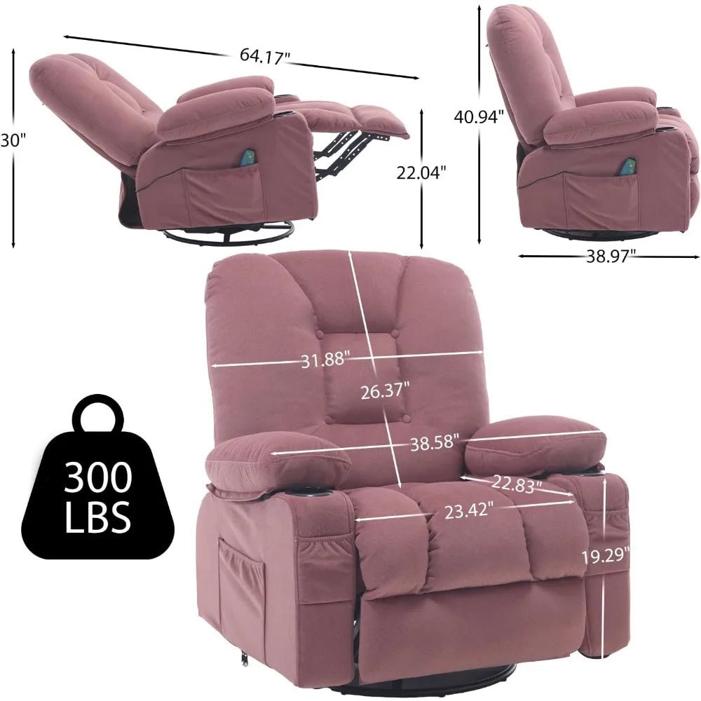 Recliner Chairs for Adults, Rocker Recliners with Massage and Heat, Overstuffed Fabric Swivel Glider with Cup Holder Side
