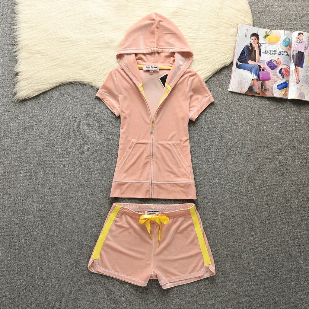 Velvet Velour Shorts Tracksuit Two Piece Sets Women Outfit Short Sleeve Top and Short Sets