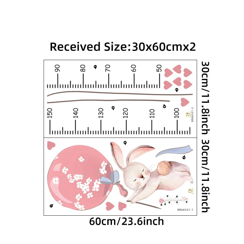 Cartoon Cute Pink Rabbit Balloon Height Measurement Wall Stickers for Kids Room Bedroom Home Decoration Wall Decals 2Pcs