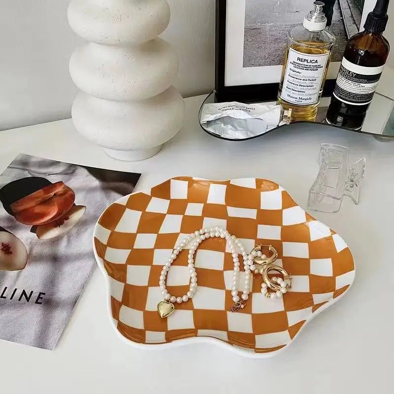 Retro Checkerboard Ceramic Plate Jewelry Home Decoration