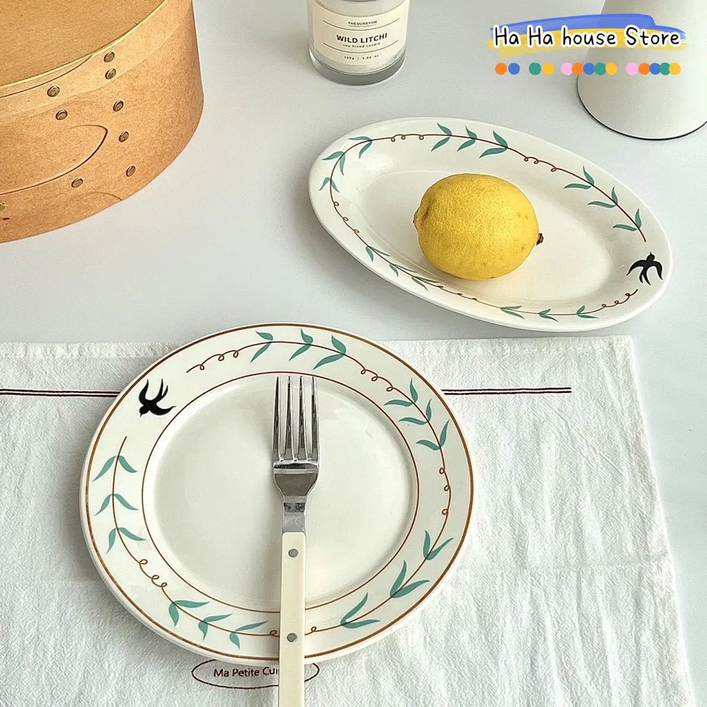 Gold Rim Leaf Pattern Round Serving Dishes Porcelain Kitchen Tableware