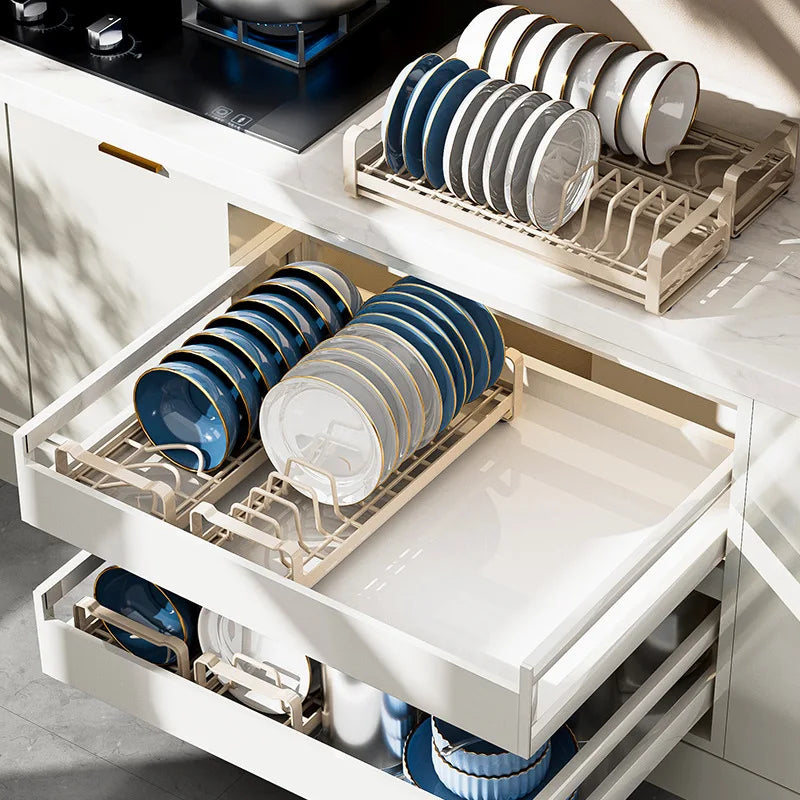 Pull Out Cabinet Dish Storage Rack Stainless Steel Plate Drain Stand Holder Kitchen Drawer Built-in Bowl Rack Basket Organizer
