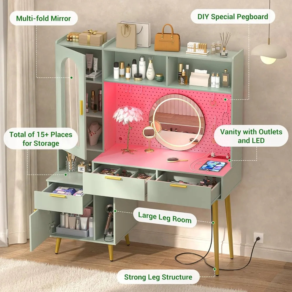 Makeup Vanity with Hutch, Modern Bedroom Vanity with Charging Station and LED, Tall Vanity Table with Pegboard, Mirror, 48''