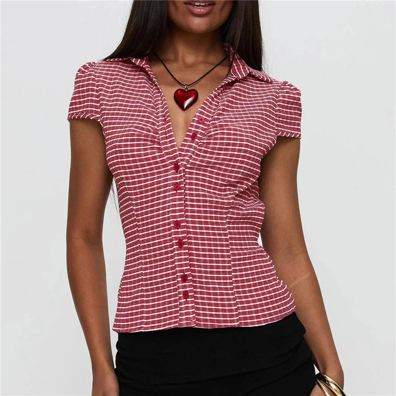 Women's Summer Retro Casual Plaid Short Sleeve Top Fashion Trim Top Summer Fashion Slim Fit Shirt Blouse Streetwear