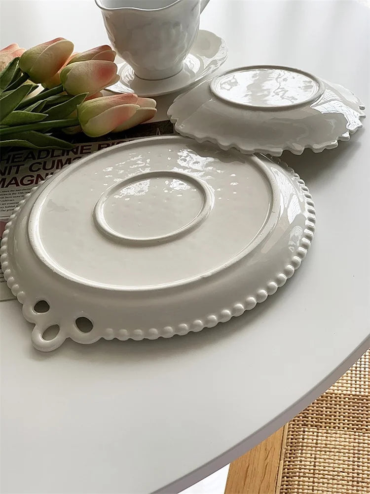 Bow Knot Pearl Relief Ceramic Breakfast Plate Vintage Plate