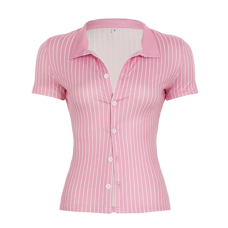 Stripe Short Sleeve Shirts For Women Button Up Turn Down Collar Slim Simple Casual Preppy Tops Basic Summer Tees